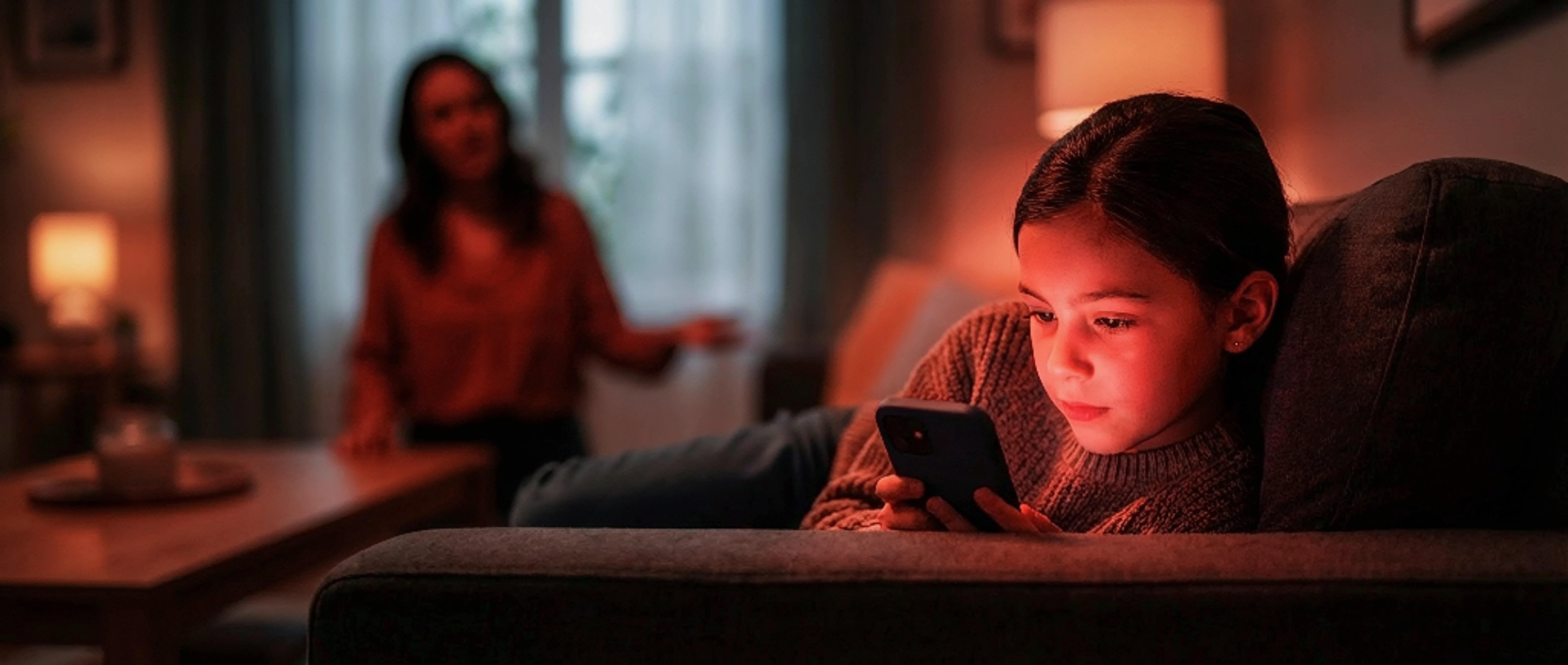 Impacto de la dependencia digital en una niña con su atención fija en un smart phone mientras su madre le habla