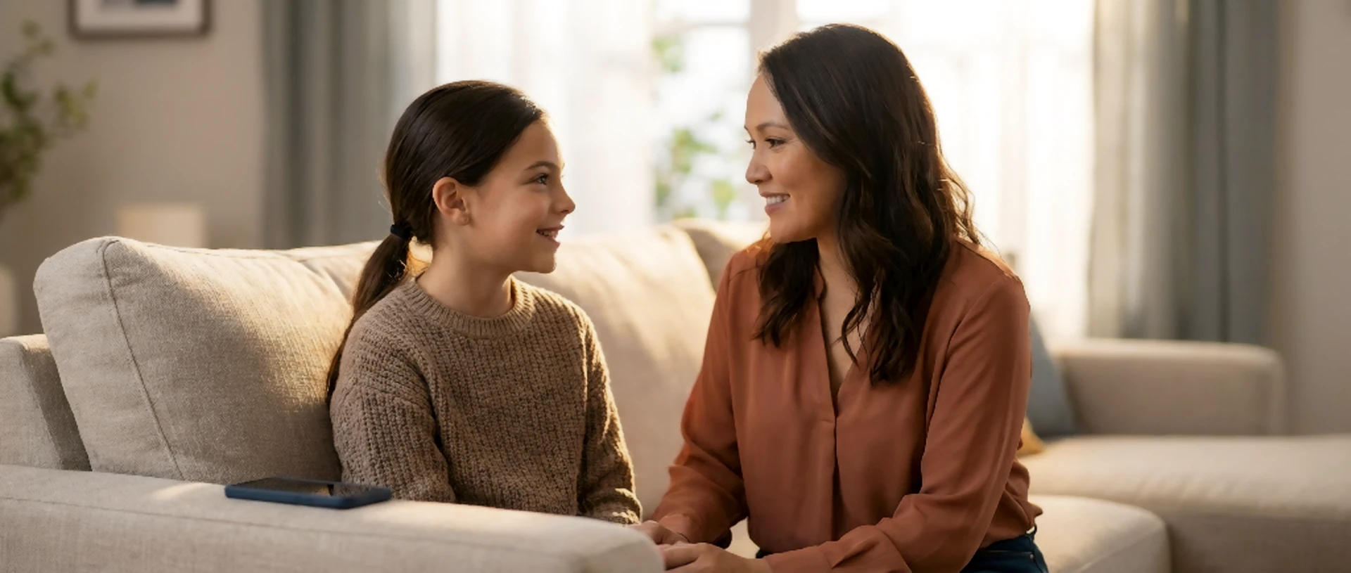 Madre con autoridad y calma platicando con su hija sobre el uso de la IA